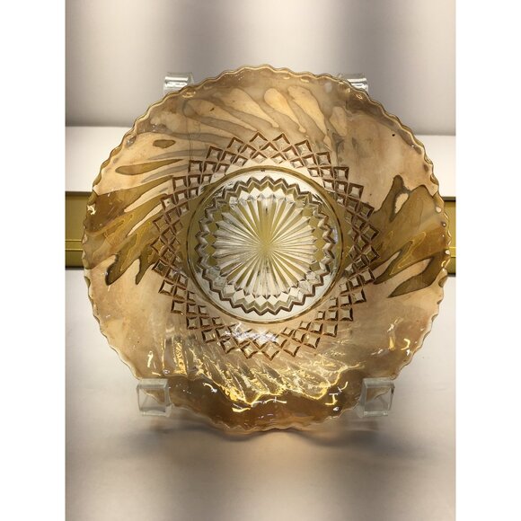 Vintage Indiana Carnival Amber Glass Bowl Round Scalloped Edged 7.5" - Picture 11 of 13